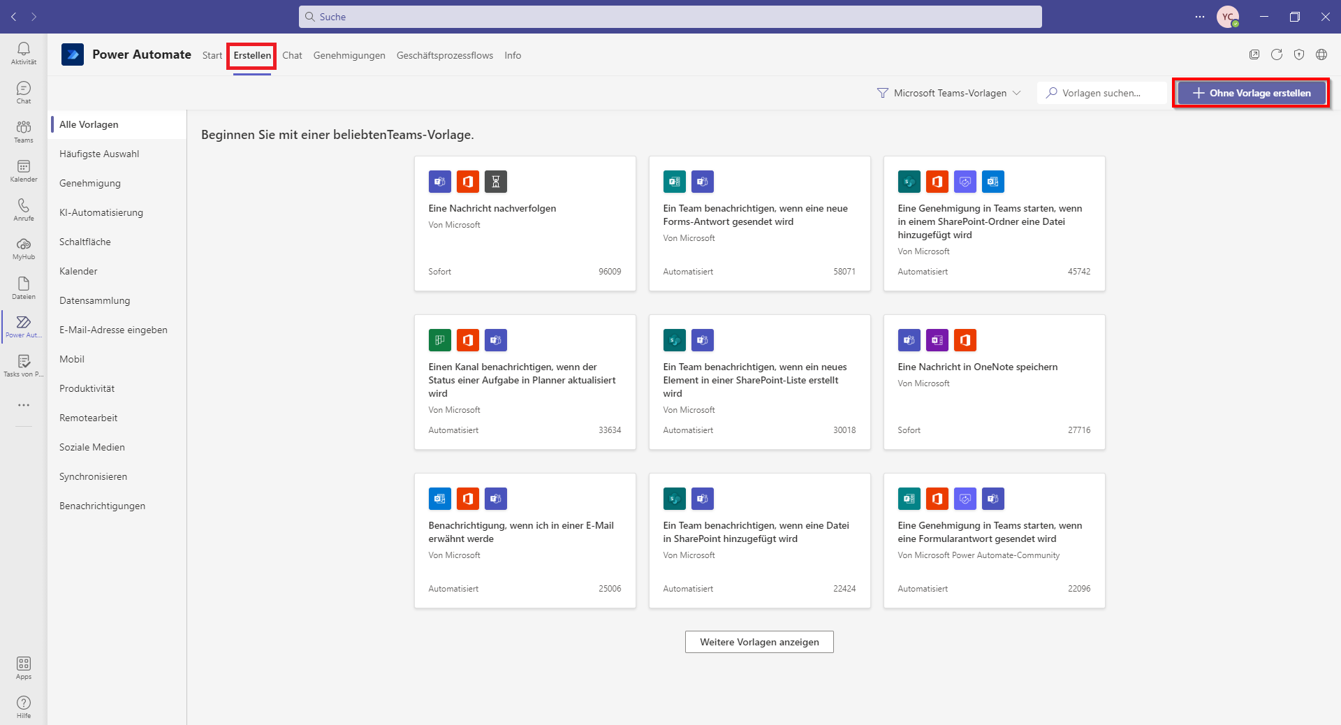 Screenshot des Power Automate-Bildschirms „Erstellen“ mit hervorgehobener Option „Ohne Vorlage erstellen“