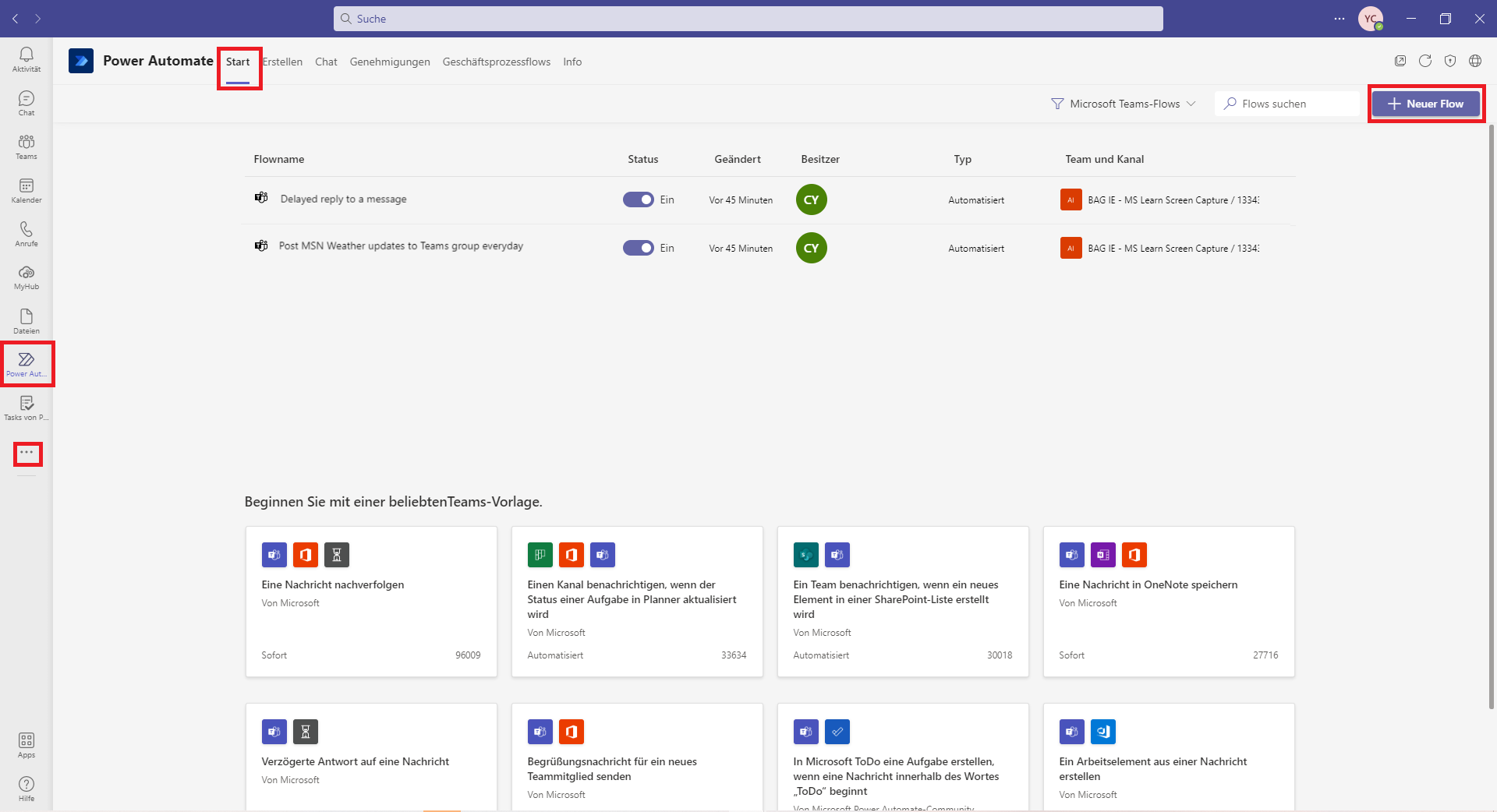 Screenshot des Power Automate-Startbildschirms mit der Schaltfläche „Schiene“, der Registerkarte „Start“ und „Neuer Flow“, die hervorgehoben sind