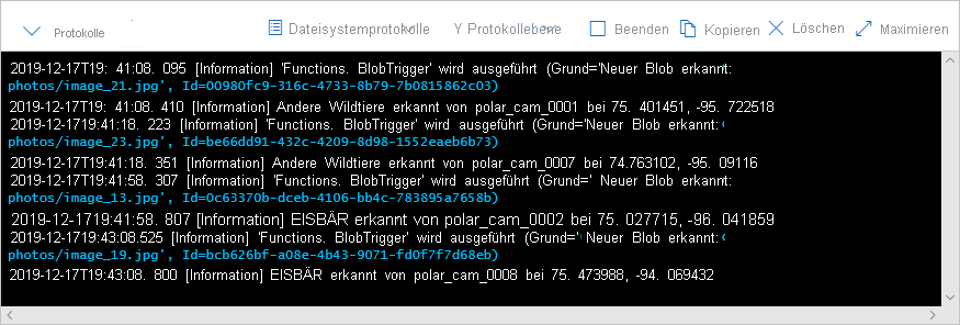 Screenshot that shows logs in a terminal, with the log entry Polar Bear detected for one of the cameras and the camera's latitude and longitude.