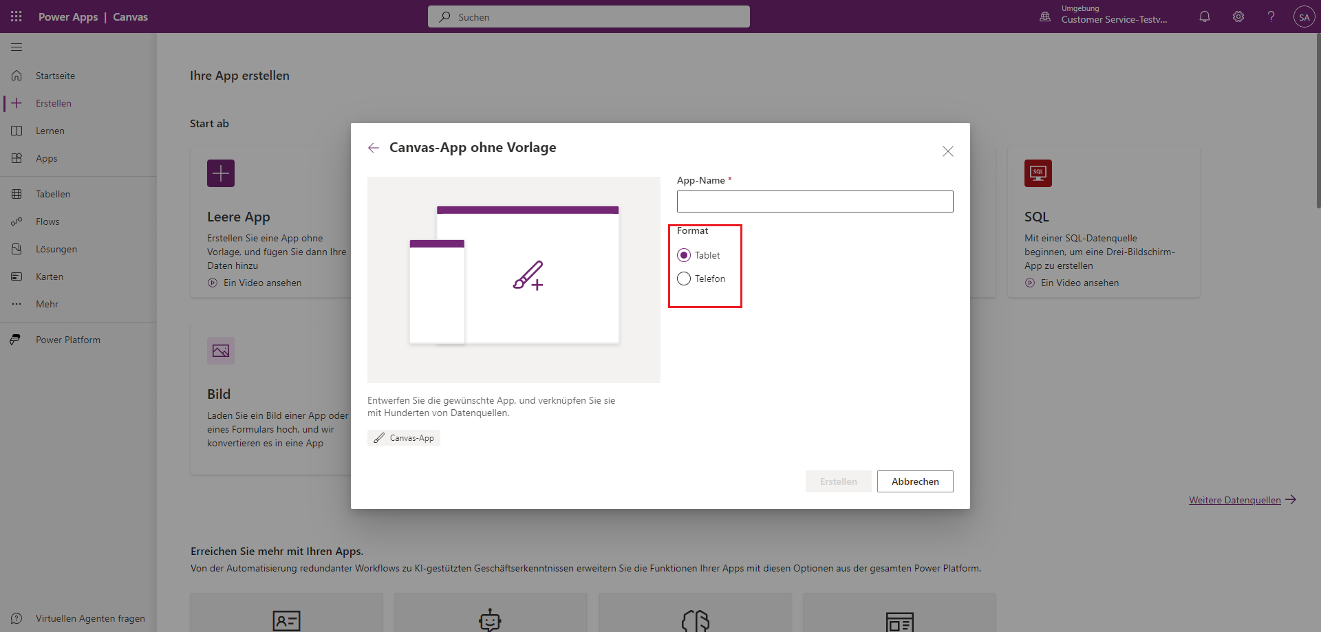 Screenshot des Power Apps – Canvas-Apps ohne Vorlage mit dem hervorgehobenen Format