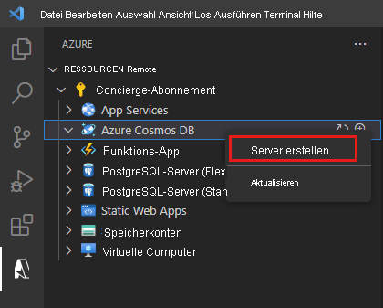 Screenshot of the Azure explorer in Visual Studio Code. The user has selected the **Create Account** command.