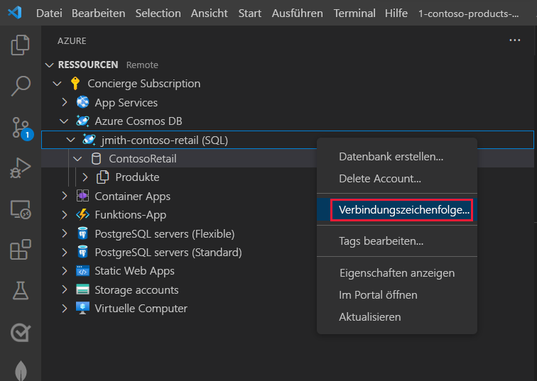 Screenshot of the Visual Studio Code with Cosmos D B account name selected and the submenu to Copy Connection String highlighted.