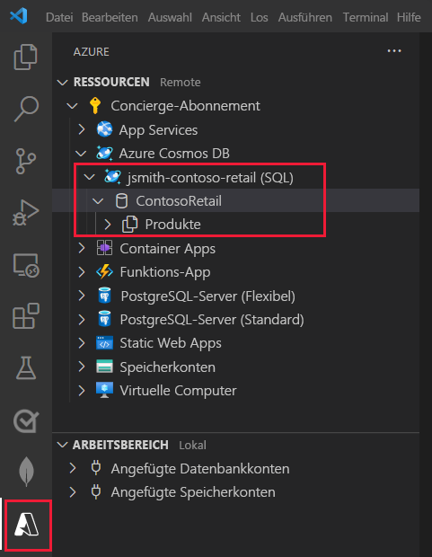 Screenshot of the Azure explorer in Visual Studio Code, showing the SchoolDB database and the StudentCourseGrades container.