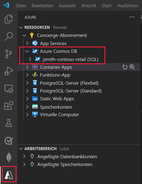 Screenshot of the Azure Resources extension pane in Visual Studio Code. The new Azure Databases extension account is listed under the user's Azure account.