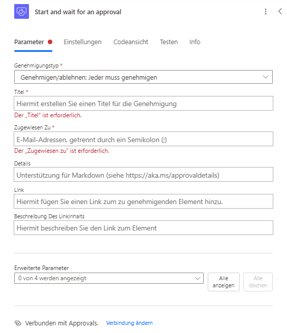 Screenshot mit den weiteren Parametern nach Auswahl des Genehmigungstyps