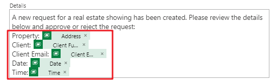 Screenshot davon, wie die dynamischen Felder „Client“, „Client Email“, „Date“ und „Time“ dem Parameter „Details“ hinzugefügt werden