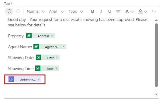 Screenshot, der anzeigt, wie das Feld „Response summary“ dem Textkörper hinzugefügt wird
