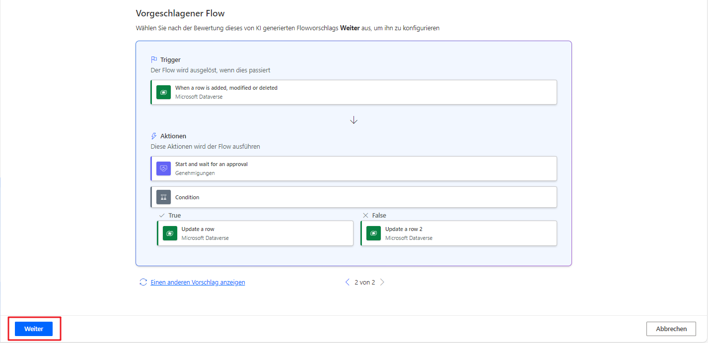 Screenshot mit dem vorgeschlagenen Power Automate-Flow
