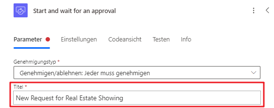Screenshot, der anzeigt, wie der Parameter Titel mit dem Eingabeaufforderungstext ausgefüllt wird