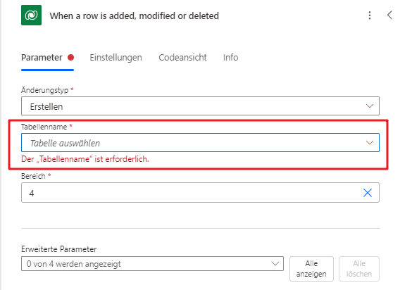 Screenshot mit den Triggerdetails „Wenn eine Zeile hinzugefügt, geändert oder gelöscht wird“
