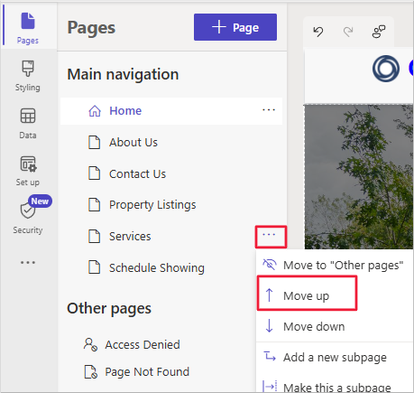 Screenshot der Seite „Services“, die unter die Seite „Über uns“ verschoben wurde