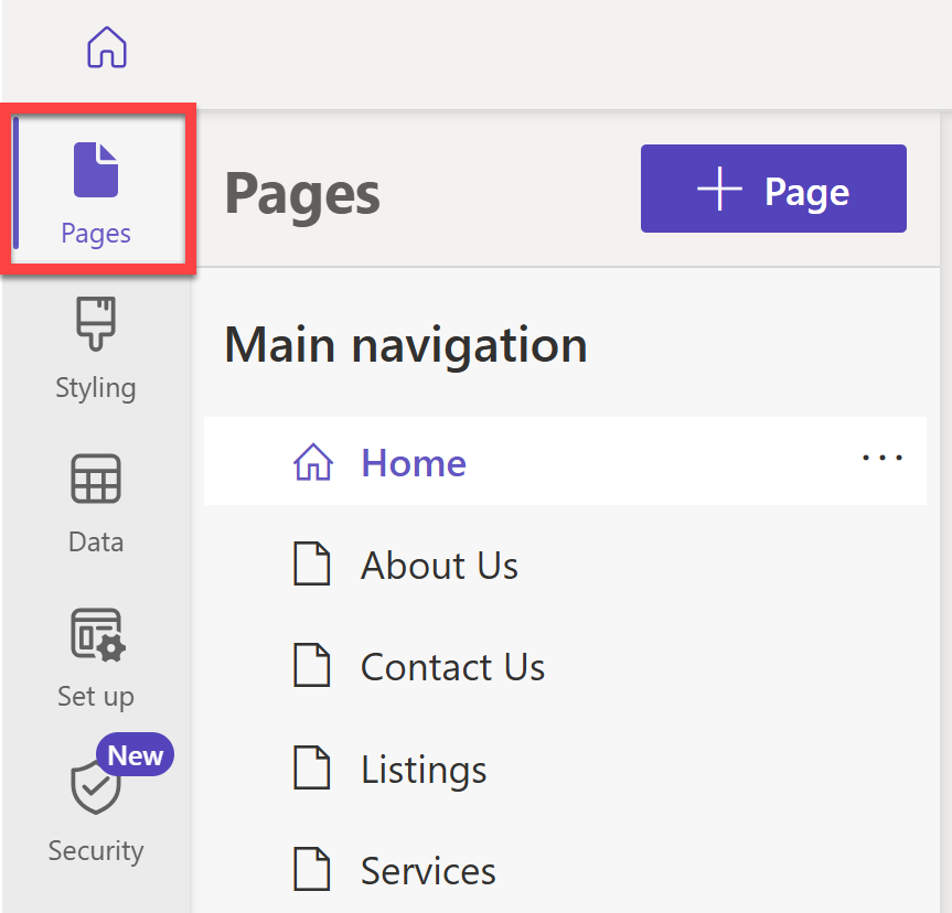 Screenshot des Arbeitsbereichs „Seiten“ im Power Pages-Designstudio