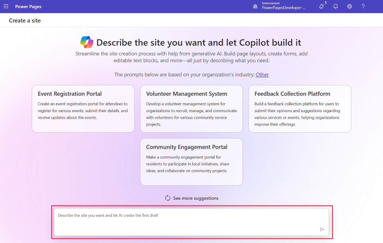 Screenshot der Power Pages Copilot-Eingabeaufforderung zum Erstellen einer Immobilien-Website