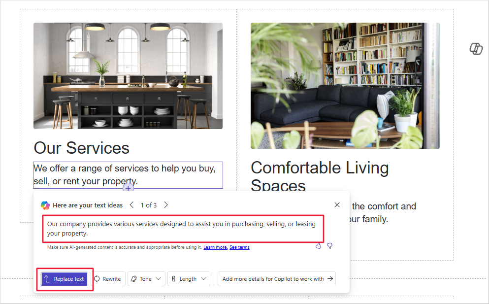 Screenshot, der Option zum Umschreiben des Copilot im Power Pages-Designstudio