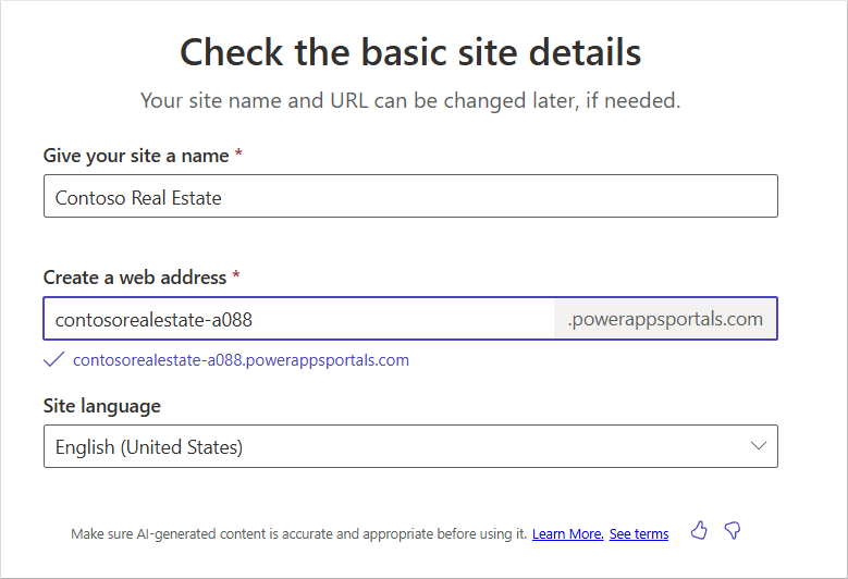 Screenshot der Anzeige des von Power Pages Copilot erstellten Seitennamens und der Webadresse