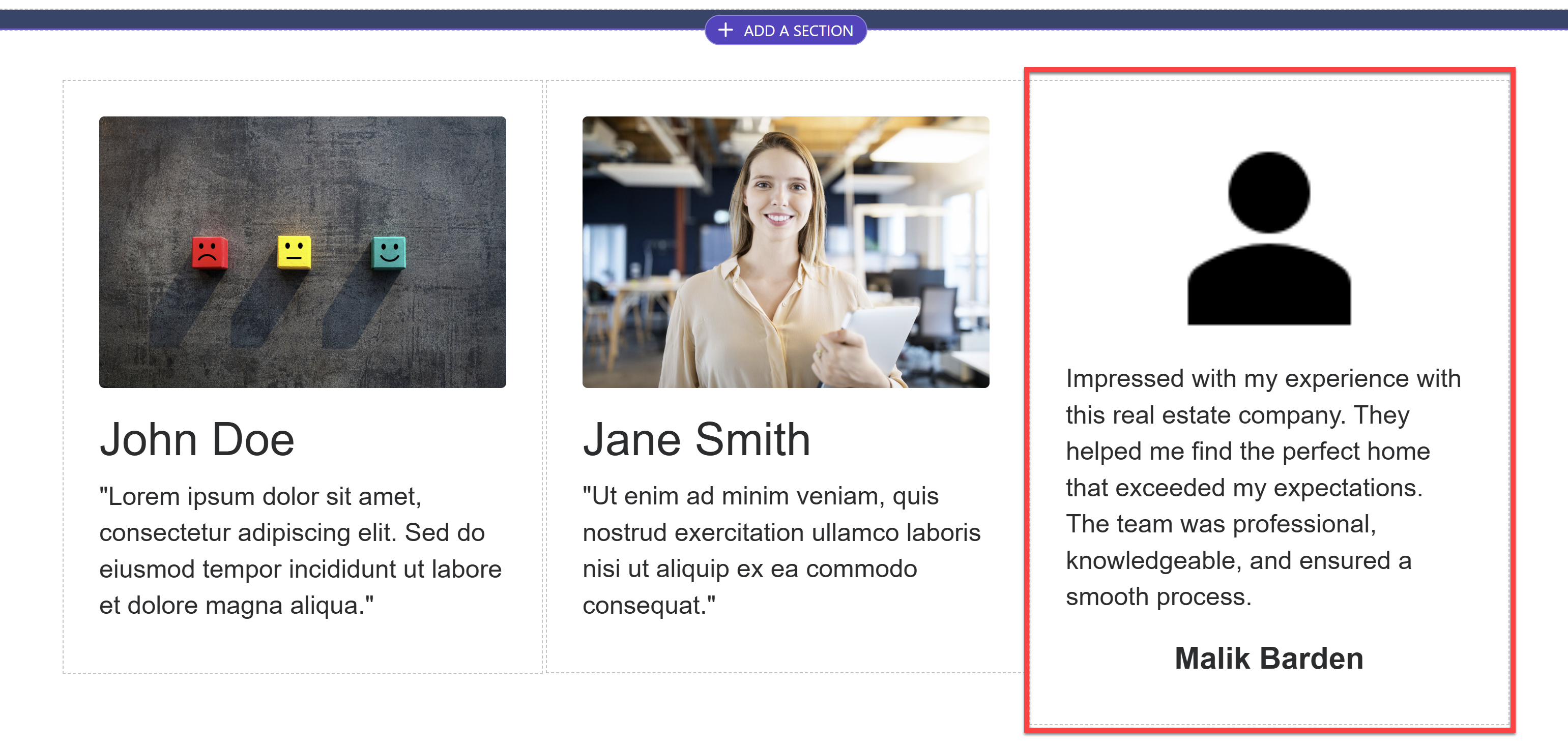 Screenshot des Abschnitts mit Erfahrungsberichten mit generiertem Text im Power Pages-Designstudio