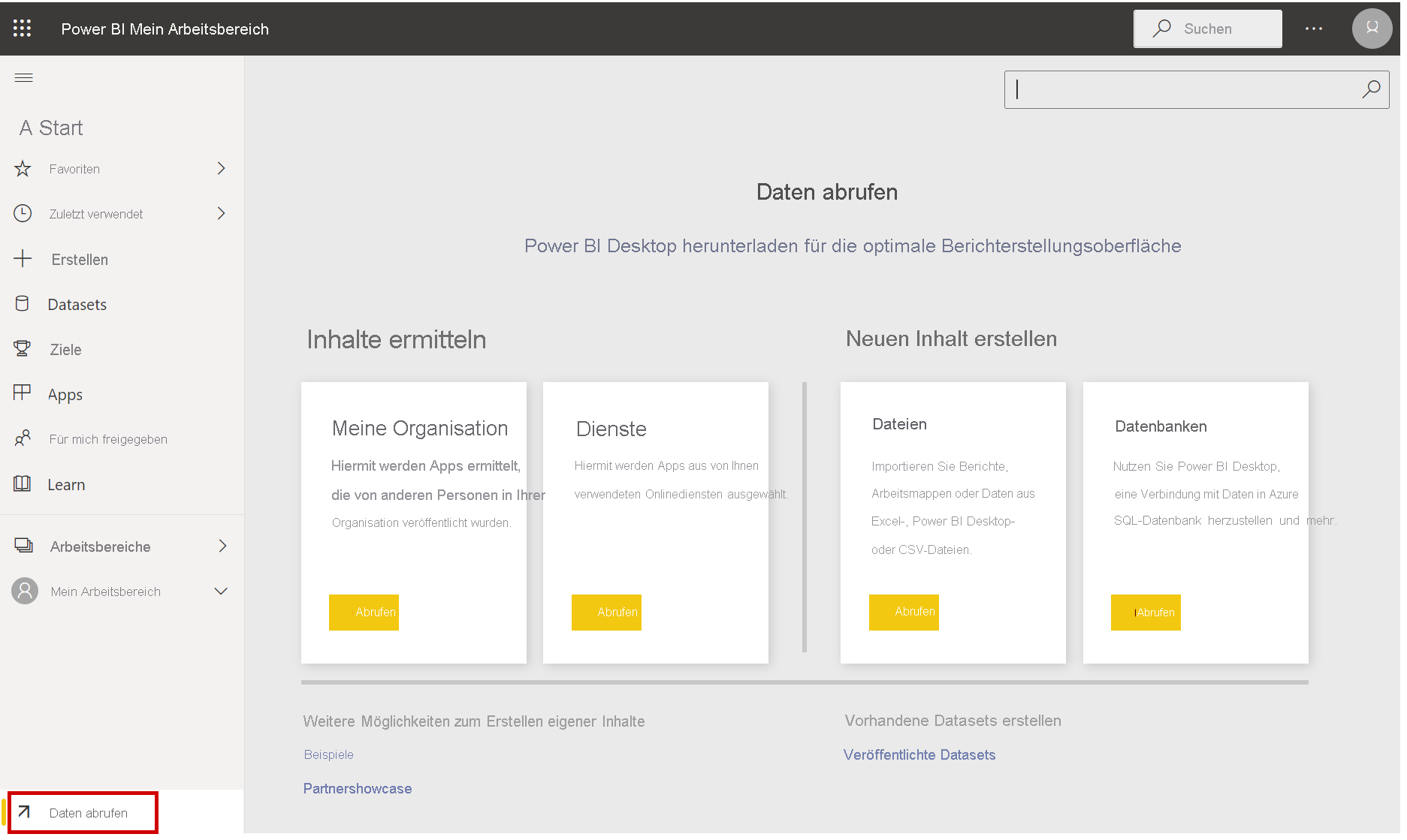 Abrufen von Daten im Power BI-Dienst