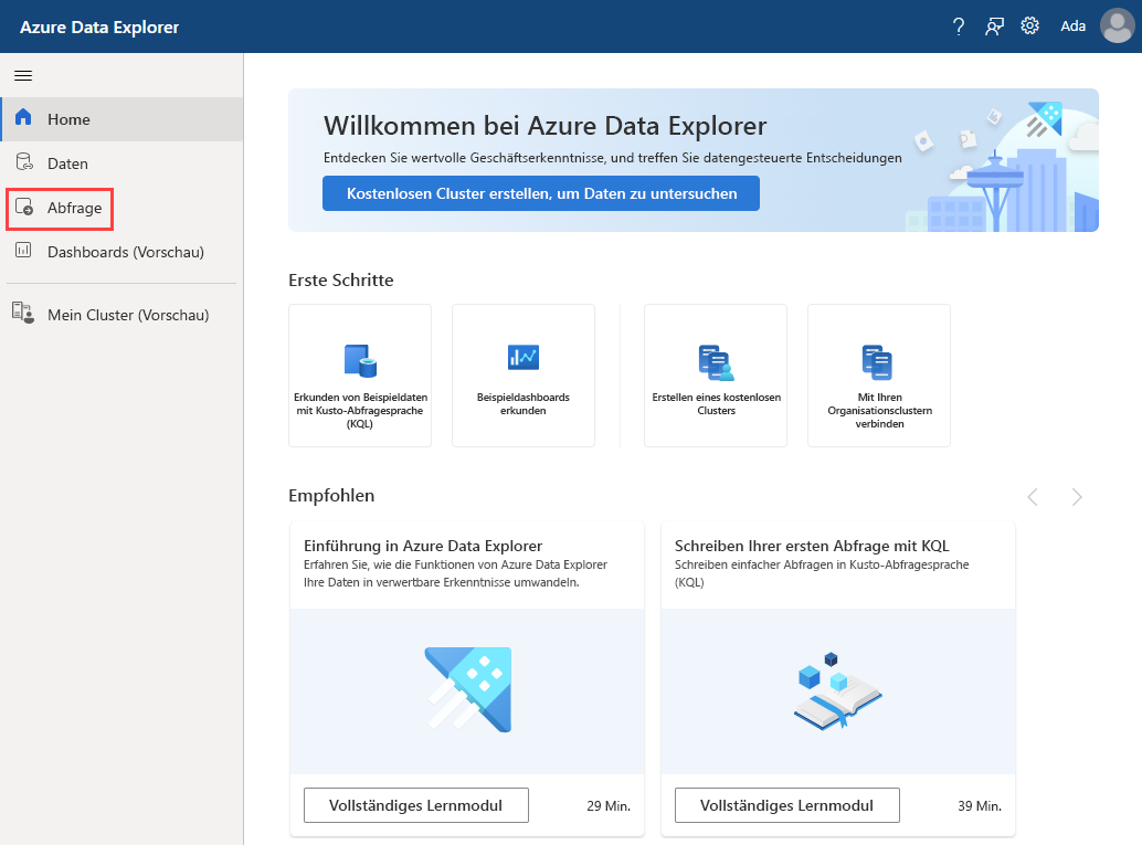 Screenshot der Azure Data Explorer-Startseite
