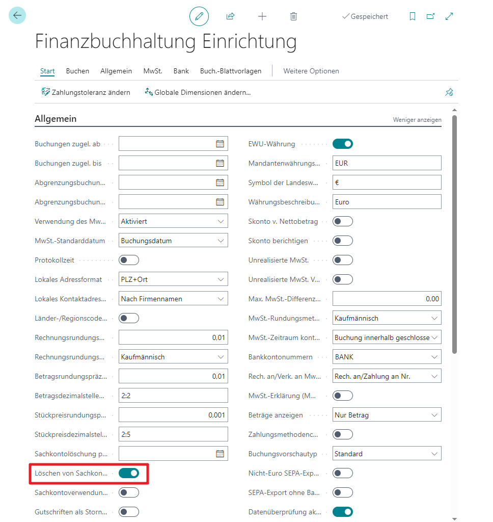 Screenshot der Seite „Finanzbuchhaltung Einrichtung“ mit aktivierten Feldern