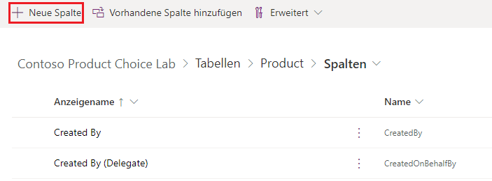 Screenshot der Ansicht „Spalten“ und der Schaltfläche „Neue Spalte hinzufügen“