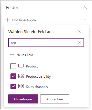 Screenshot des Abschnitts „Feld auswählen“ mit den ausgewählten Spalten und der Schaltfläche „Hinzufügen“