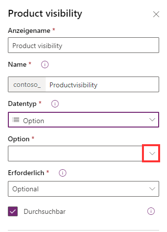 Screenshot des Auswahl-Spaltendatentyps in Power Apps