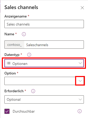 Screenshot des Auswahlmöglichkeiten-Spaltendatentyps in Power Apps