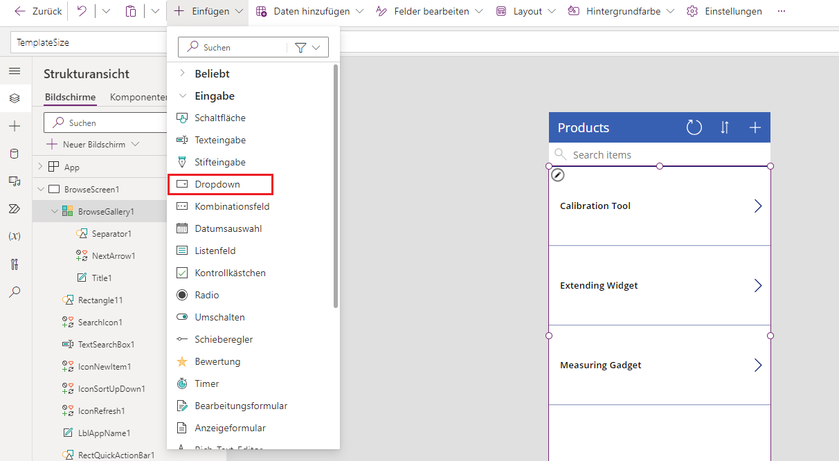 Screenshot vom Auswählen von > Einfügen > Dropdown in Power Apps