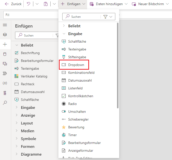 Screenshot des Dropdown-Steuerelements „Einfügen“ mit ausgewählte Eingabe mit hervorgehobener Dropdownoption