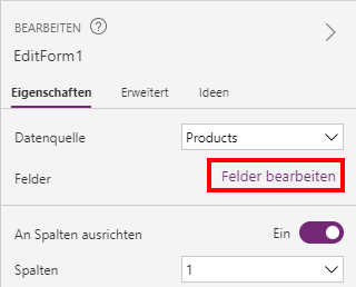 Screenshot der Option „Felder bearbeiten“ auf der Eigenschaften-Registerkarte von EditForm1