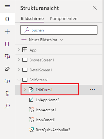 Screenshot des EditForm1-Steuerelements, das auf der Registerkarte „Strukturansicht“ in Power Apps hervorgehoben ist