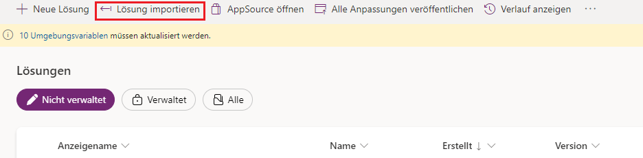 Screenshot der Schaltfläche „Lösung importieren“ in Power Apps.