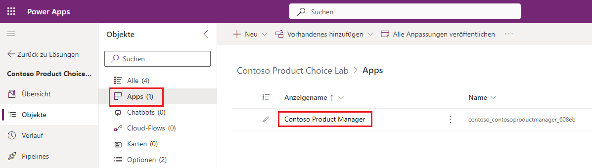 Screenshot des Bereichs „Lösungen > Contoso-Produktauswahlübung“ mit der hervorgehobenen App „Contoso-Produktmanager“