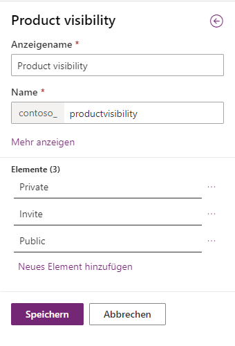 Screenshot der Auswahlelemente in Power Apps