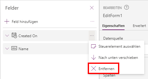 Screenshot der Schaltfläche „Entfernen“, ausgewählt aus der Dropdownliste der Spalte „Erstellt am“