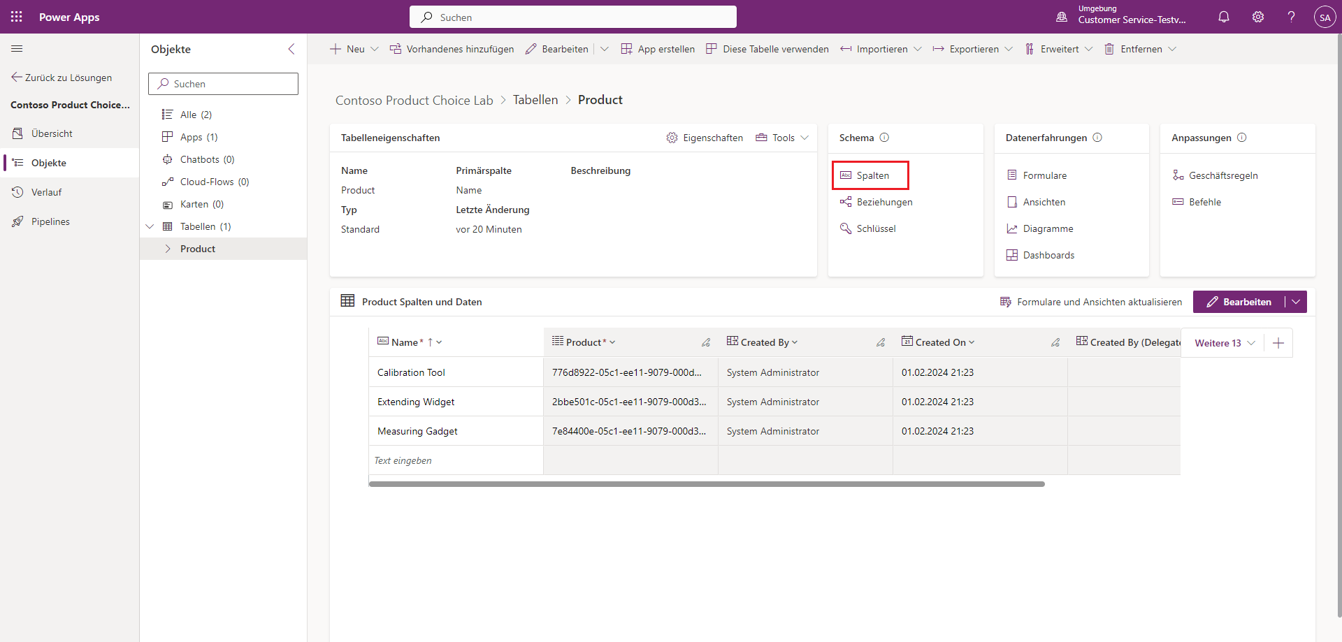 Screenshot des Produkttabellen-Dashboards mit ausgewählten Spalten unter Schema