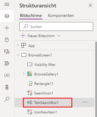 Screenshot des TextSearchBox1-Steuerelements in der Strukturansicht in Power Apps