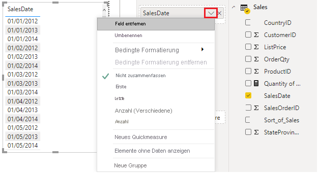 Weitere Optionen für „SalesDate“