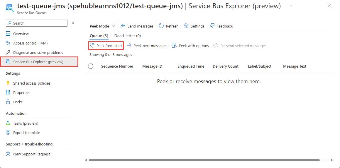 Screenshot of the Service Bus explorer peek experience.