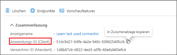 Screenshot der Anwendungs-ID (Client) mit der Funktion „Kopieren“