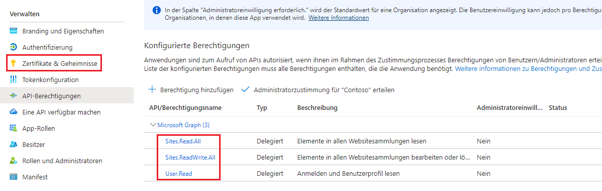 Screenshot des Menüs „“Zertifikate und Geheimnisse“ mit drei API-Berechtigungen