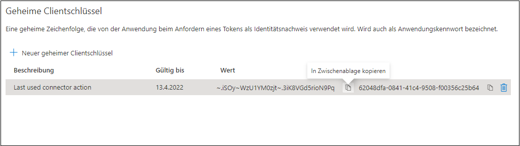 Screenshot des Fensters „Geheimer Clientschlüssel“