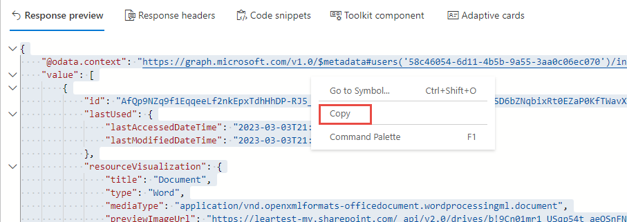 Screenshot der ausgewählten JSON-Antwort mit der Funktion „Kopieren“