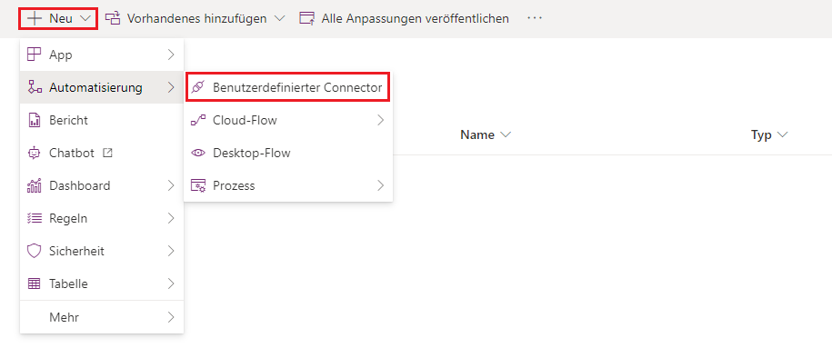 Screenshot des Menüs „Neu“ mit ausgewähltem benutzerdefinierten Konnektor