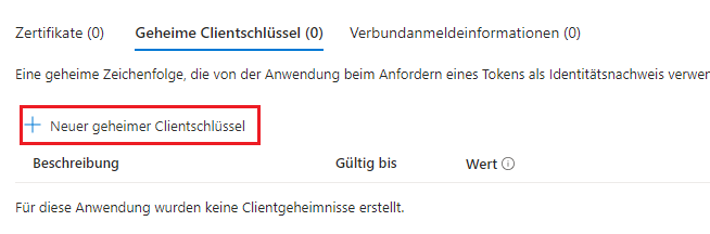 Screenshot der Schaltfläche „Neuer geheimer Clientschlüssel“