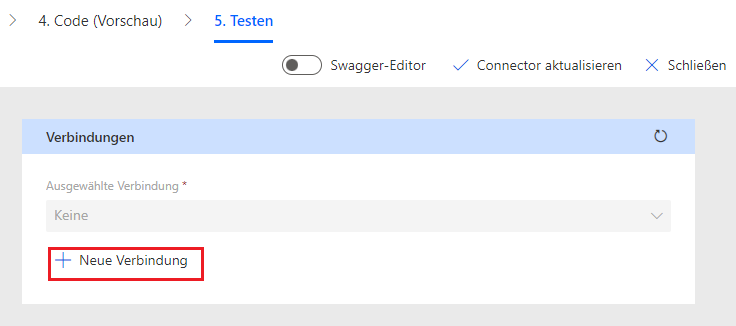 Screenshot der Schaltfläche „Neue Verbindung“ auf der Seite „Testen“
