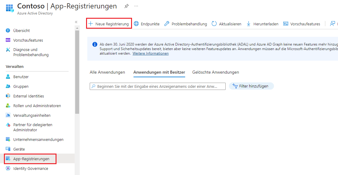 Screenshot der Schaltfläche „Neue Anwendungsregistrierung erstellen“