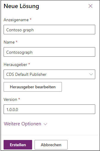 Screenshot des Fensters „Neue Lösung erstellen“