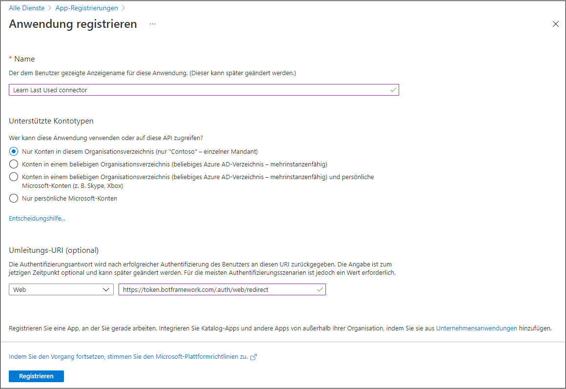 Screenshot des Fensters „Eine Anwendung registrieren“