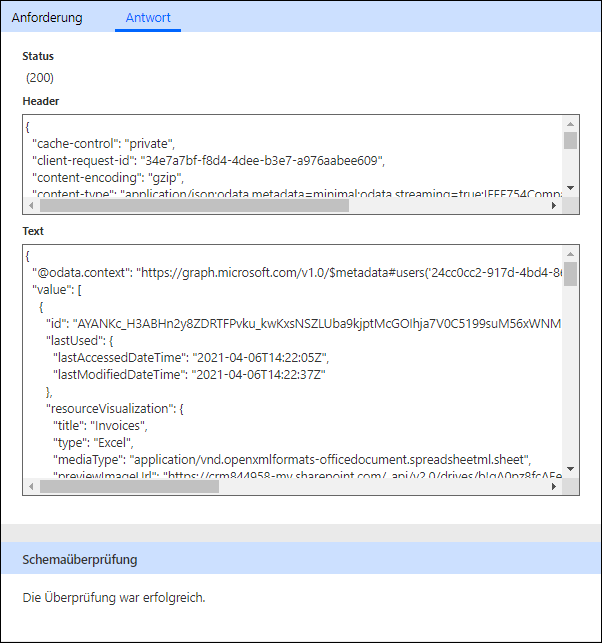 Screenshot des Status 200 und des Antwortbeispiels